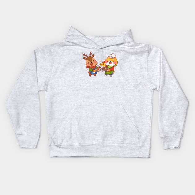 Shiba Inu and Reindeer Baking Gingerbread Kids Hoodie by Nas.ArtSpace